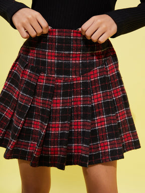 Red & Navy Check Front Yoke Pleated Skirt-Noh.Voh