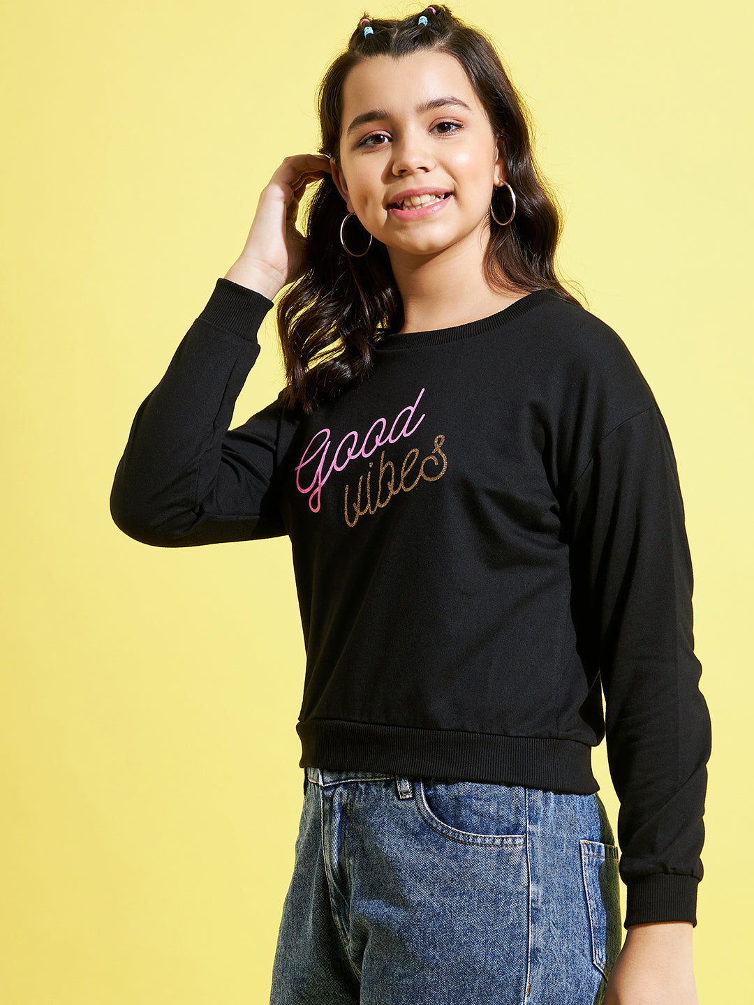 Girls Black Terry Good-Vibes Sweatshirt