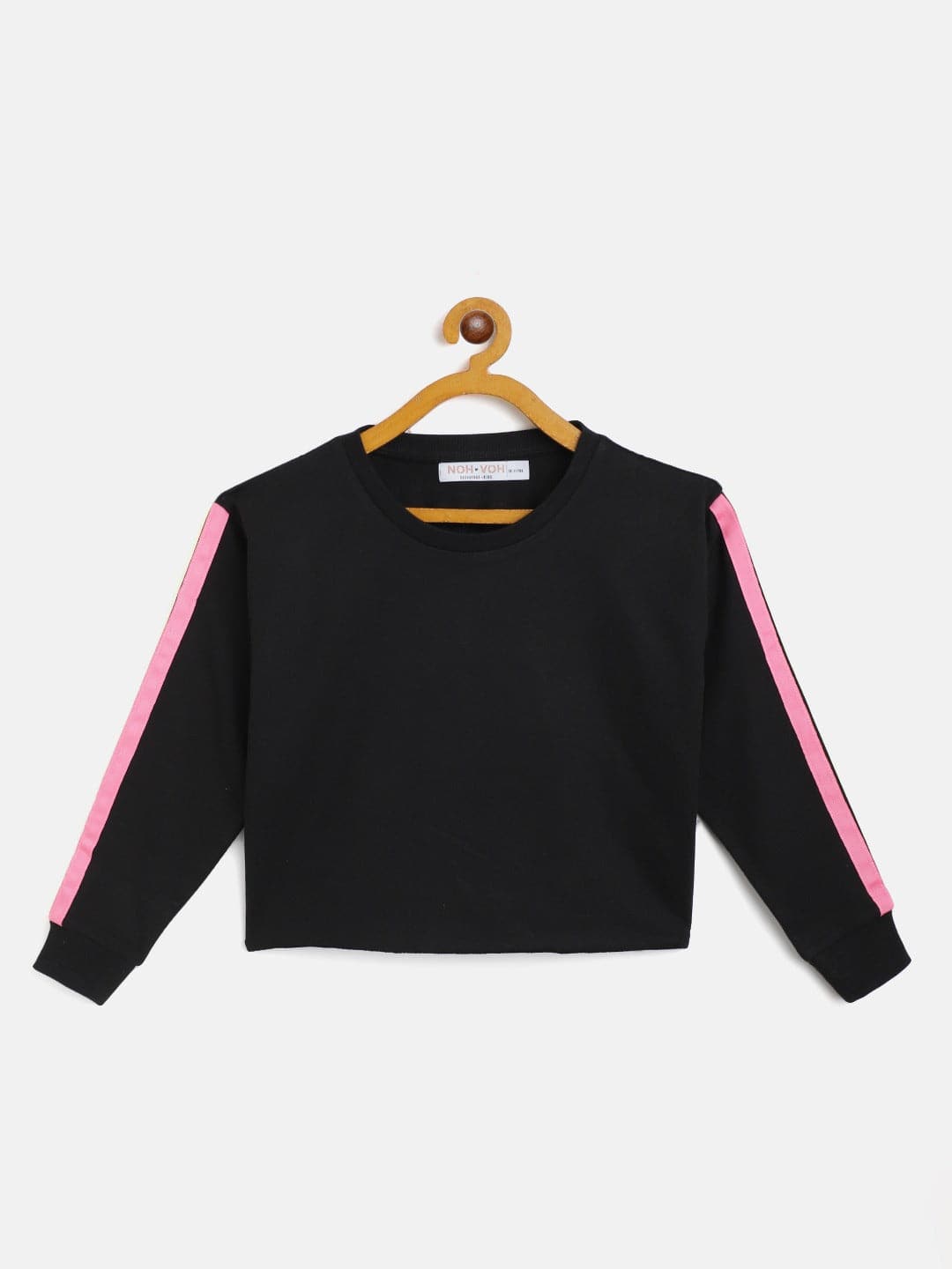 Girls Black Terry Shoulder Tape Crop Sweatshirt-Girls Sweatshirts-SASSAFRAS