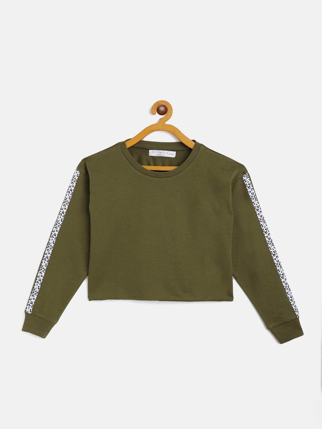 Girls Olive Terry Shoulder Tape Crop Sweatshirt-Girls Sweatshirts-SASSAFRAS
