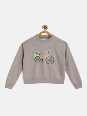 Girls Grey Terry Embroidered Bicycle Sweatshirt-Girls Sweatshirts-SASSAFRAS