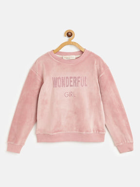 Girls Pink Velour Studded WONDERFUL GIRL Sweatshirt-Girls Sweatshirts-SASSAFRAS