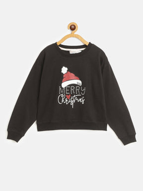 Girls Black Merry Christmas Glitter Sweatshirt-Girls Sweatshirts-SASSAFRAS