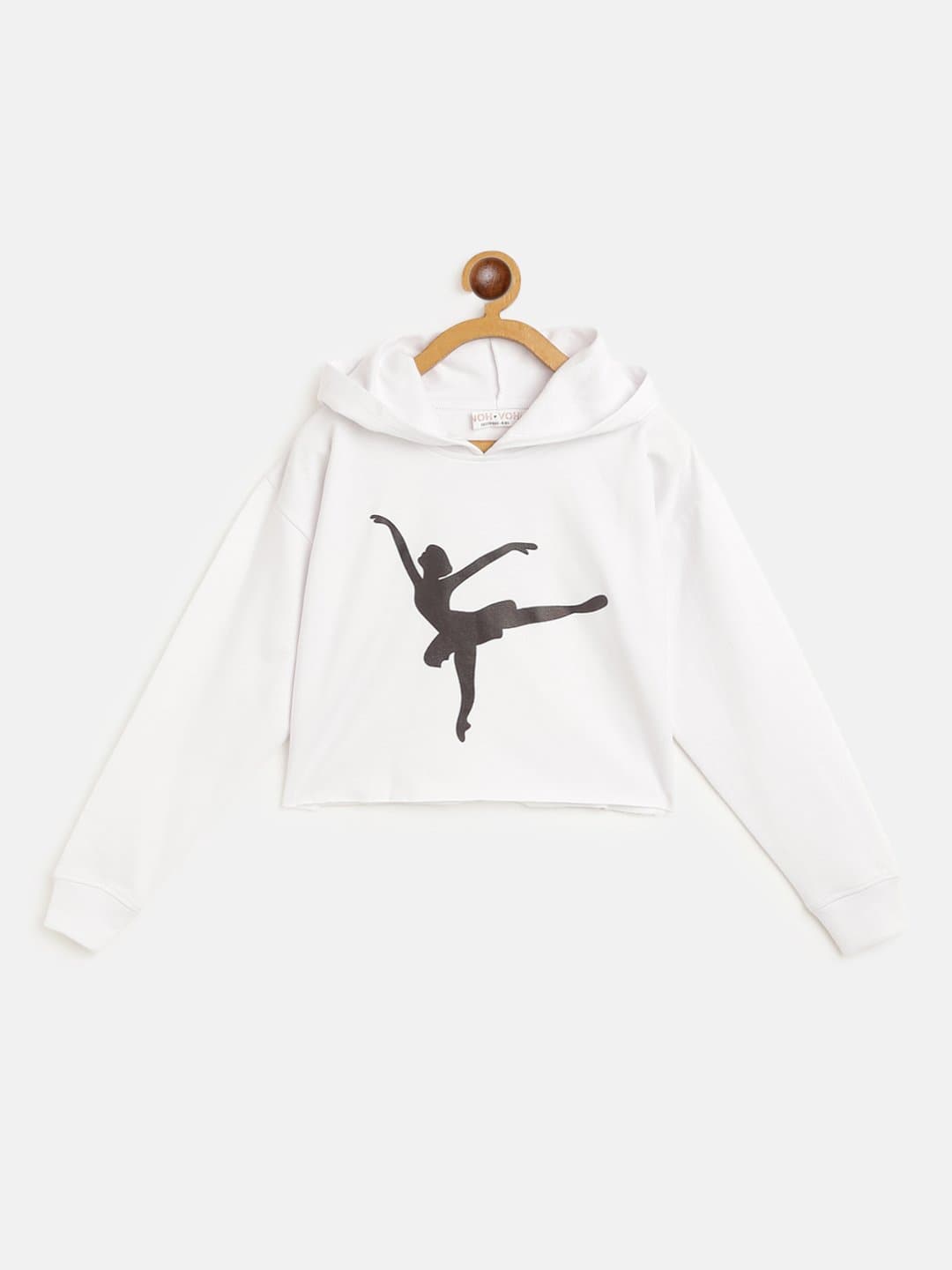 Girls White Ballerina Print Crop Hoodie-Girls Sweatshirts-SASSAFRAS