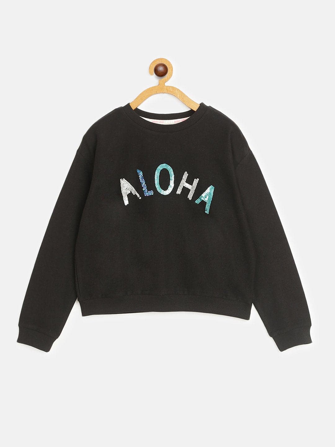 Girls Black ALOHA Embroidered Sweatshirt-Girls Sweatshirts-SASSAFRAS