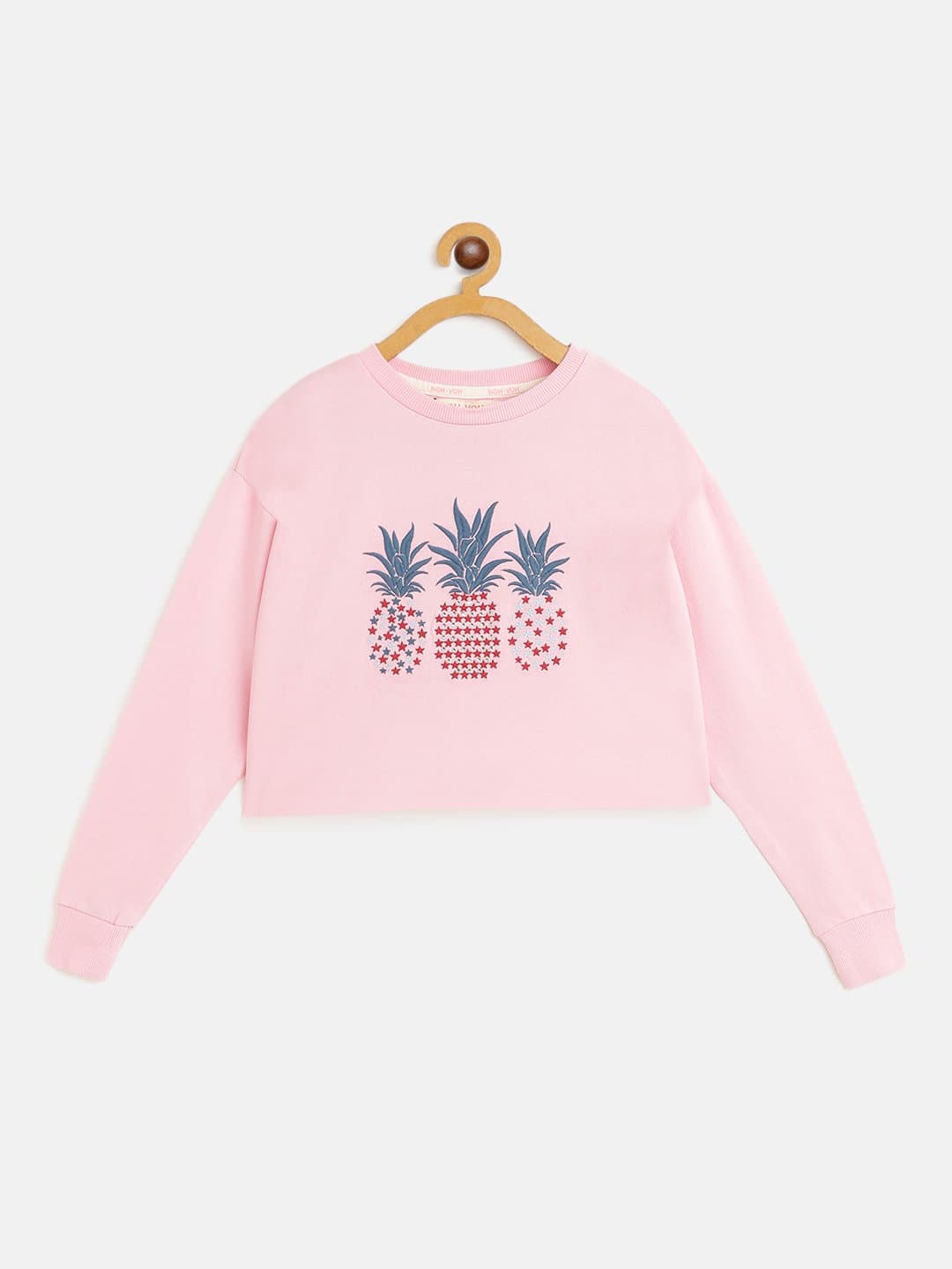 Girls Pink PINEAPPLE Embroidered Crop Sweatshirt-Girls Sweatshirts-SASSAFRAS