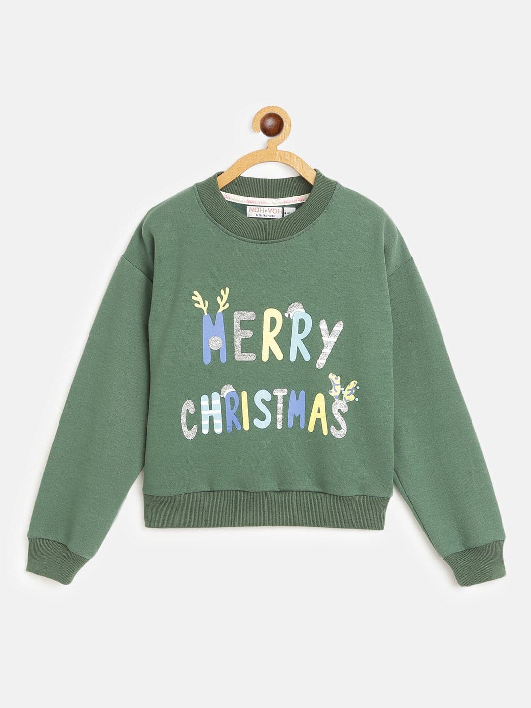 Girls Green MERRY CHRISTMAS Print Sweatshirt-Girls Sweatshirts-SASSAFRAS