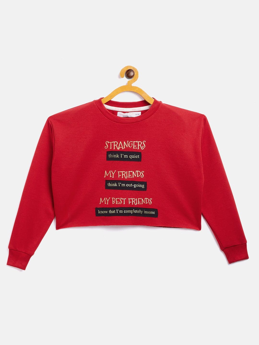 Girls Red Terry STRANGERS Quote Crop Sweatshirt-Girls Sweatshirts-SASSAFRAS