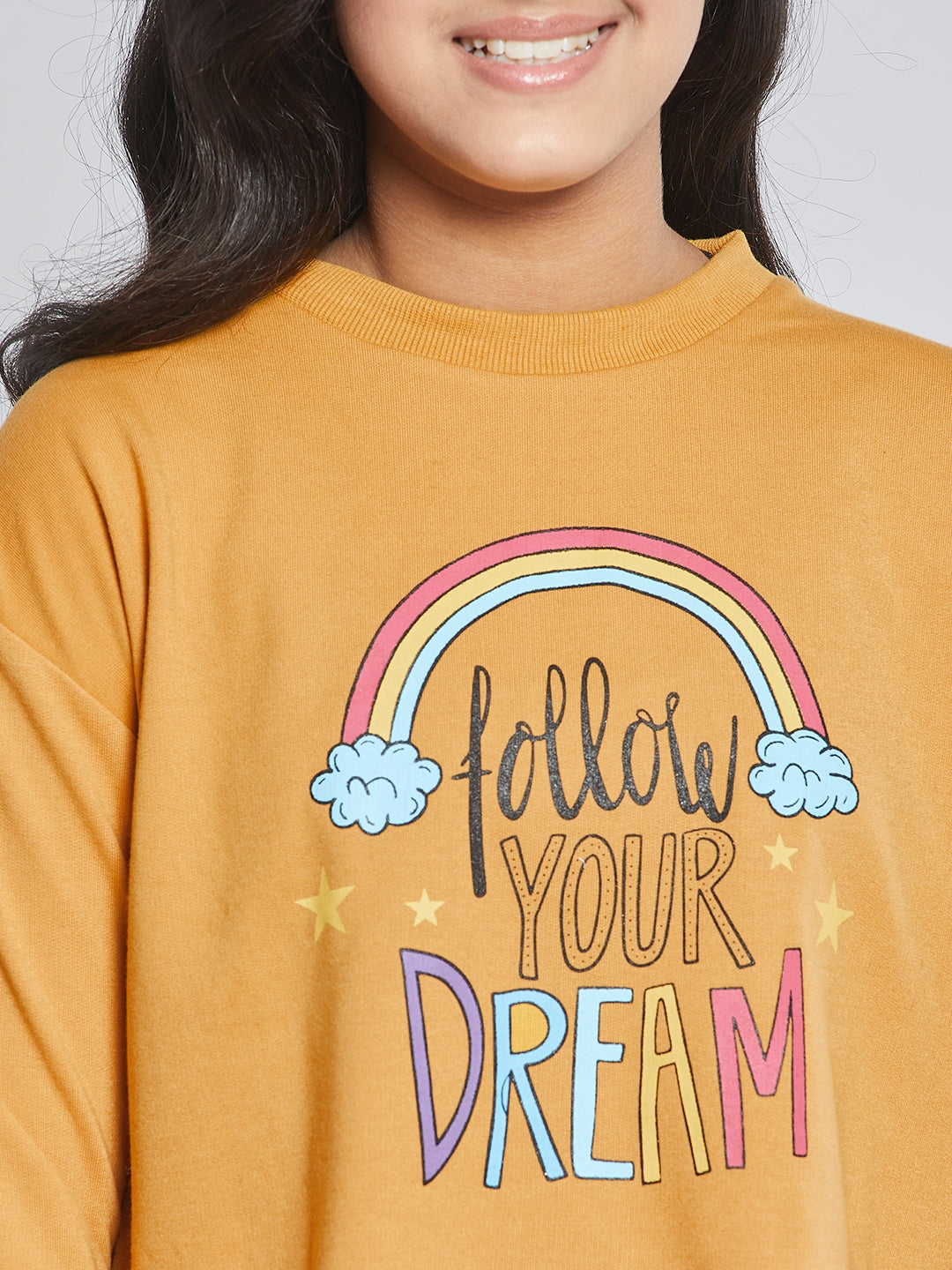 Girls Mustard Terry FOLLOW DREAM Crop Sweatshirt