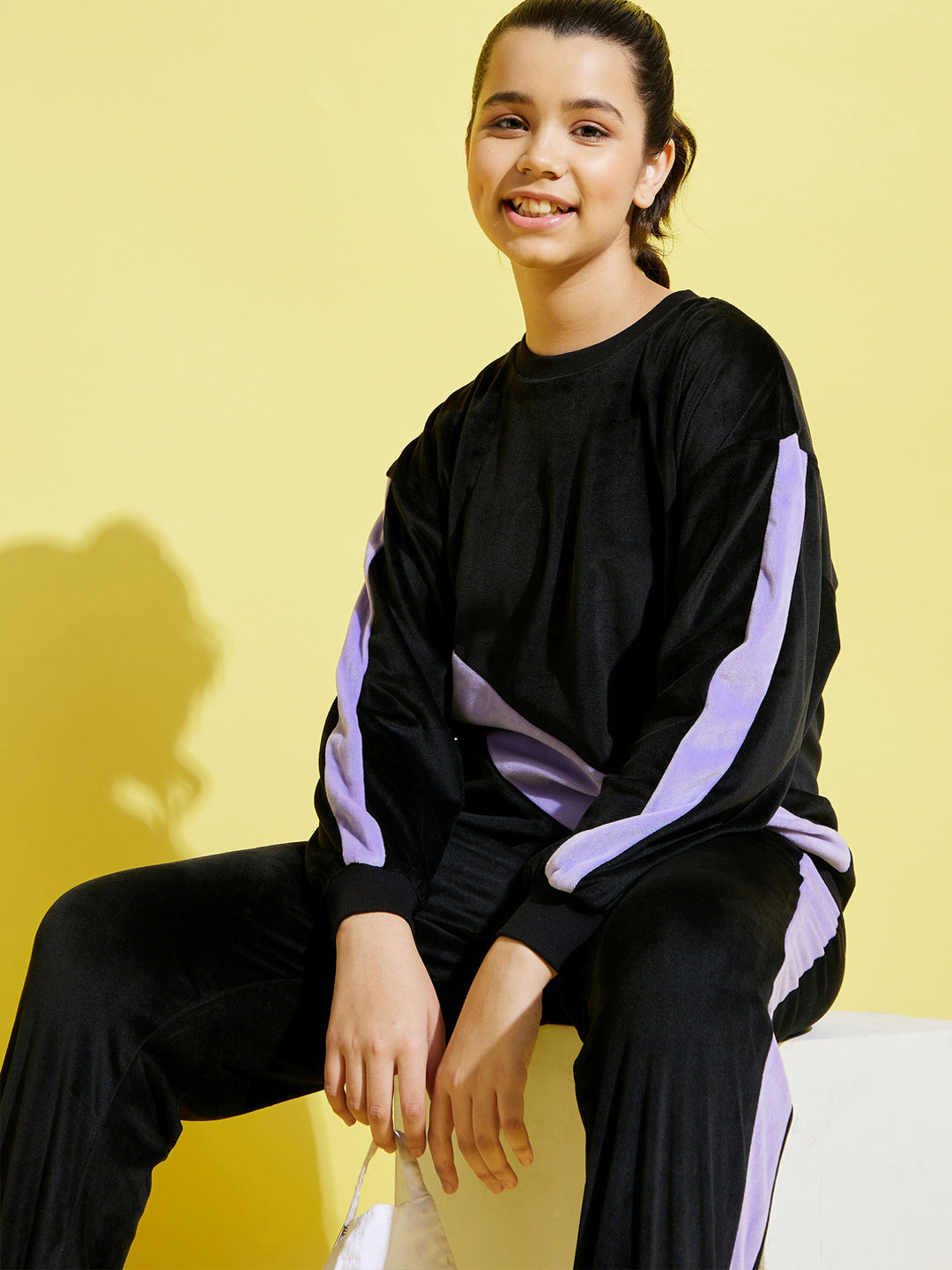 Black & Lavender Velour Oversize Drop Shoulder Sweatshirt-Noh.Voh