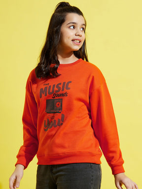 Girls Orange Fleece Music Print Oversize Sweatshirt