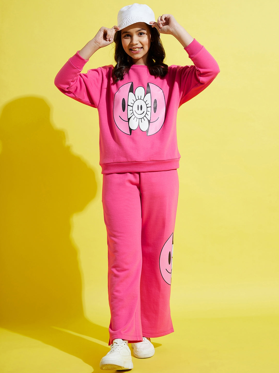 Girls Pink Fleece Flower Print Oversize Sweatshirt