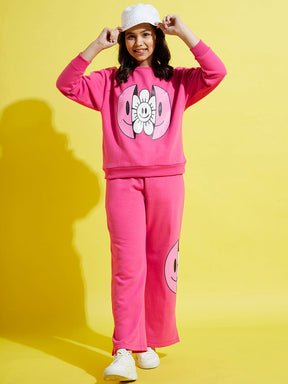 Girls Pink Fleece Flower Print Oversize Sweatshirt