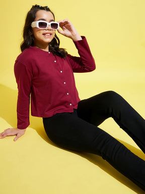 Maroon Terry Front Button Boxy Top-Noh.Voh