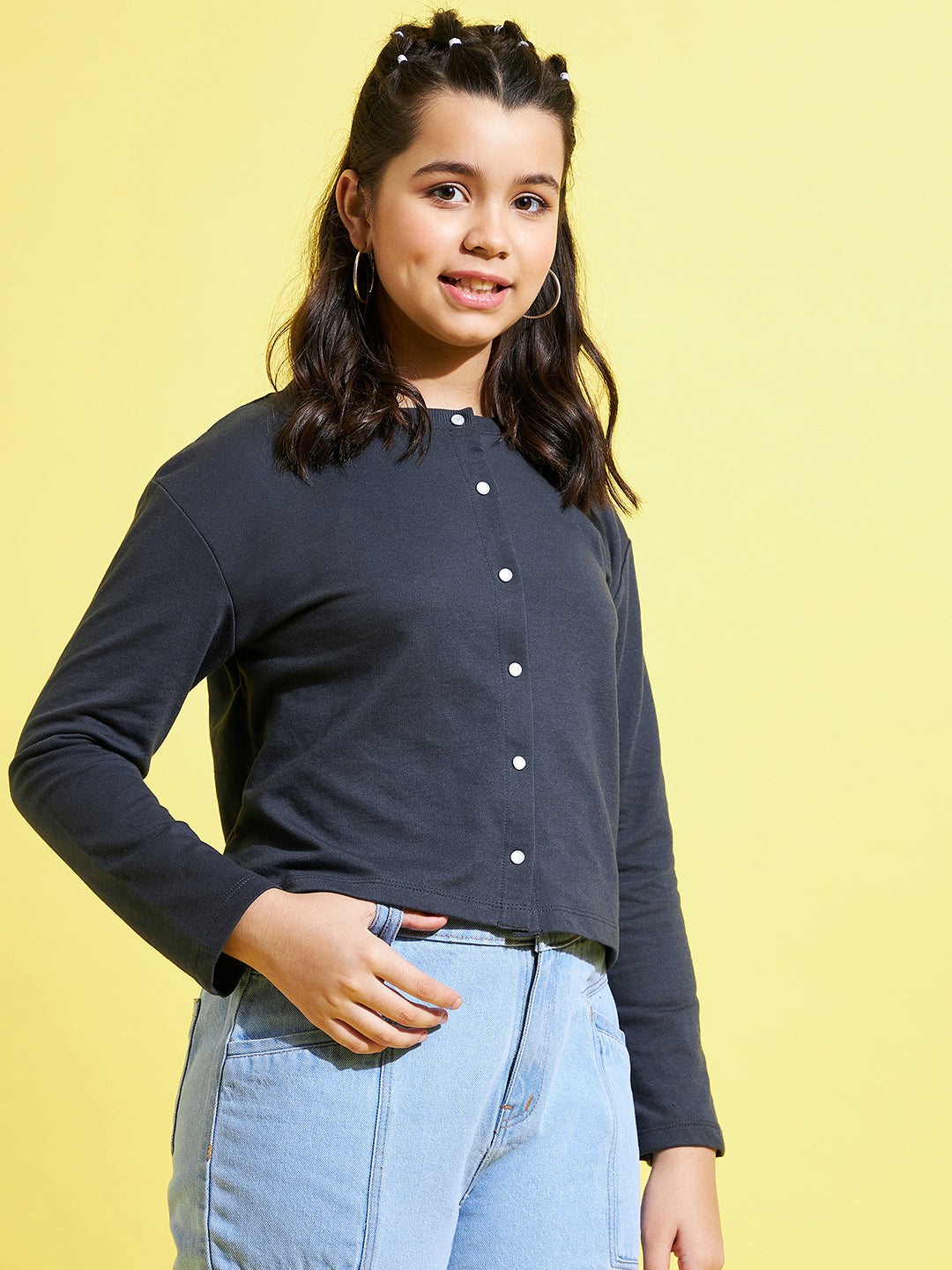 Girls Navy Terry Front Button Boxy Top