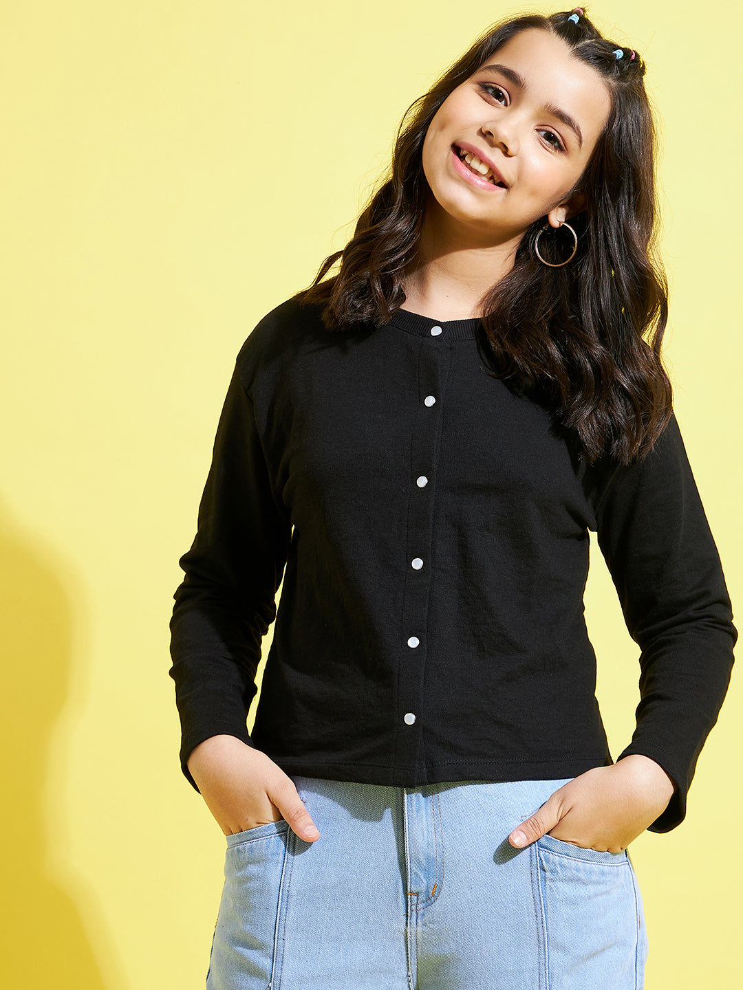 Girls Black Terry Front Button Boxy Top