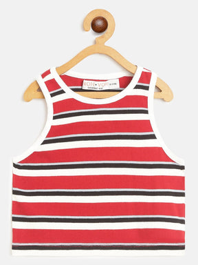 Girls Red Multicolor Stripes Sleeveless Crop Rib Top-Girls Tops-SASSAFRAS