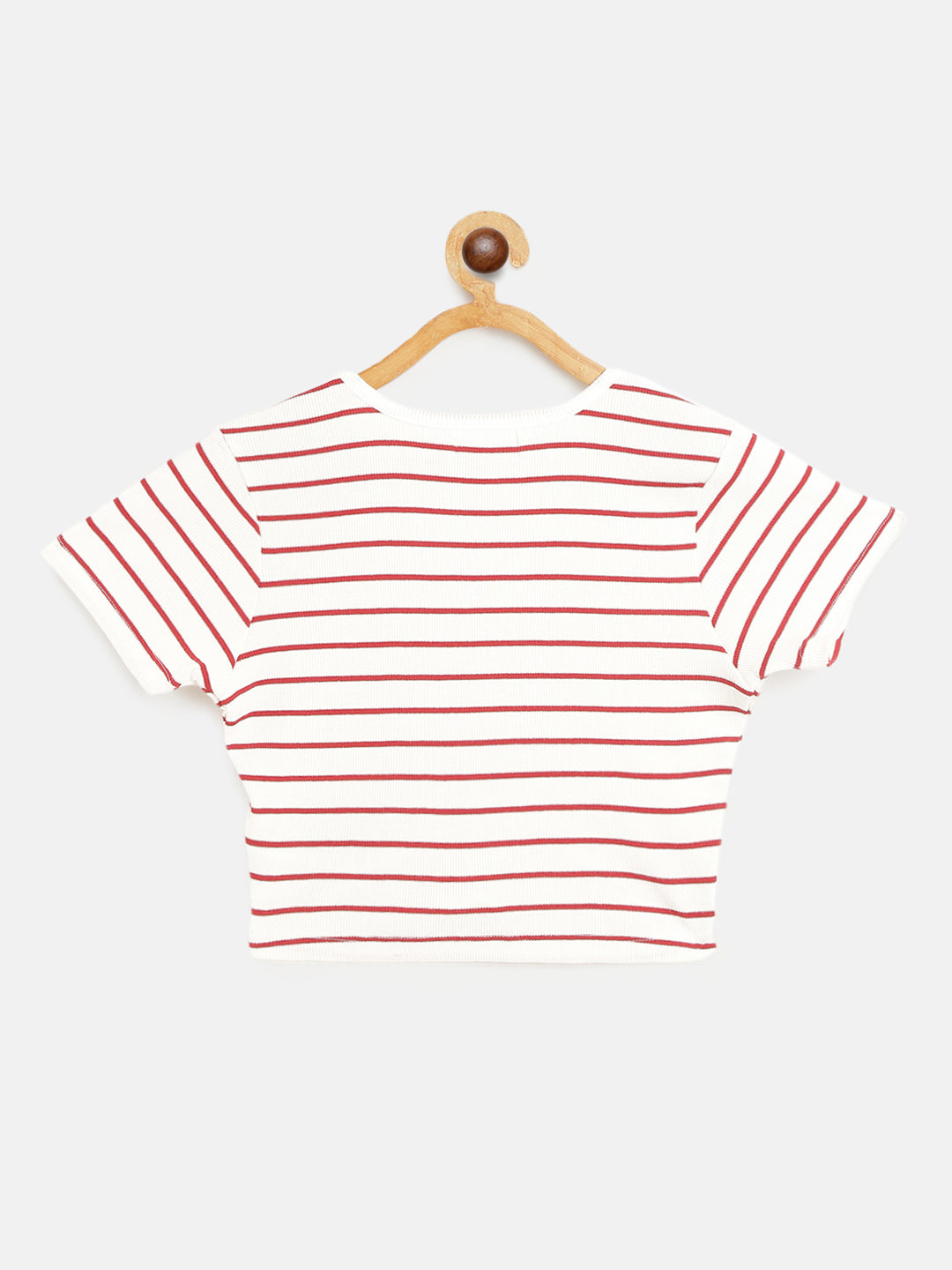 Girls White & Red Pinstripes Rouched Front Crop Rib Top