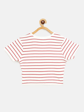 Girls White & Red Pinstripes Rouched Front Crop Rib Top