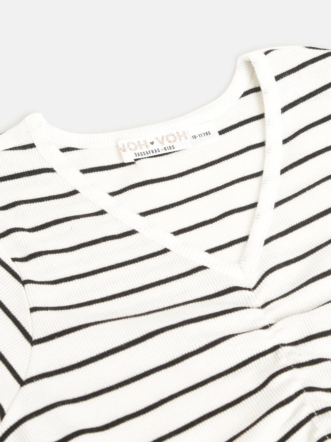 Girls White & Black Pinstripes Rouched Front Crop Rib Top