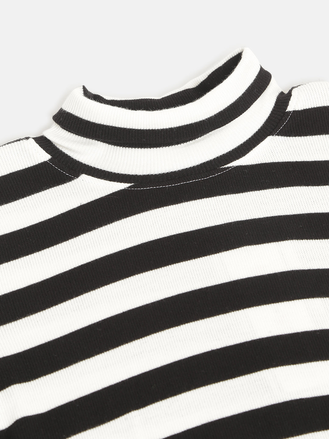 Girls Black & White Stripes Full Sleeve High Neck Rib Top