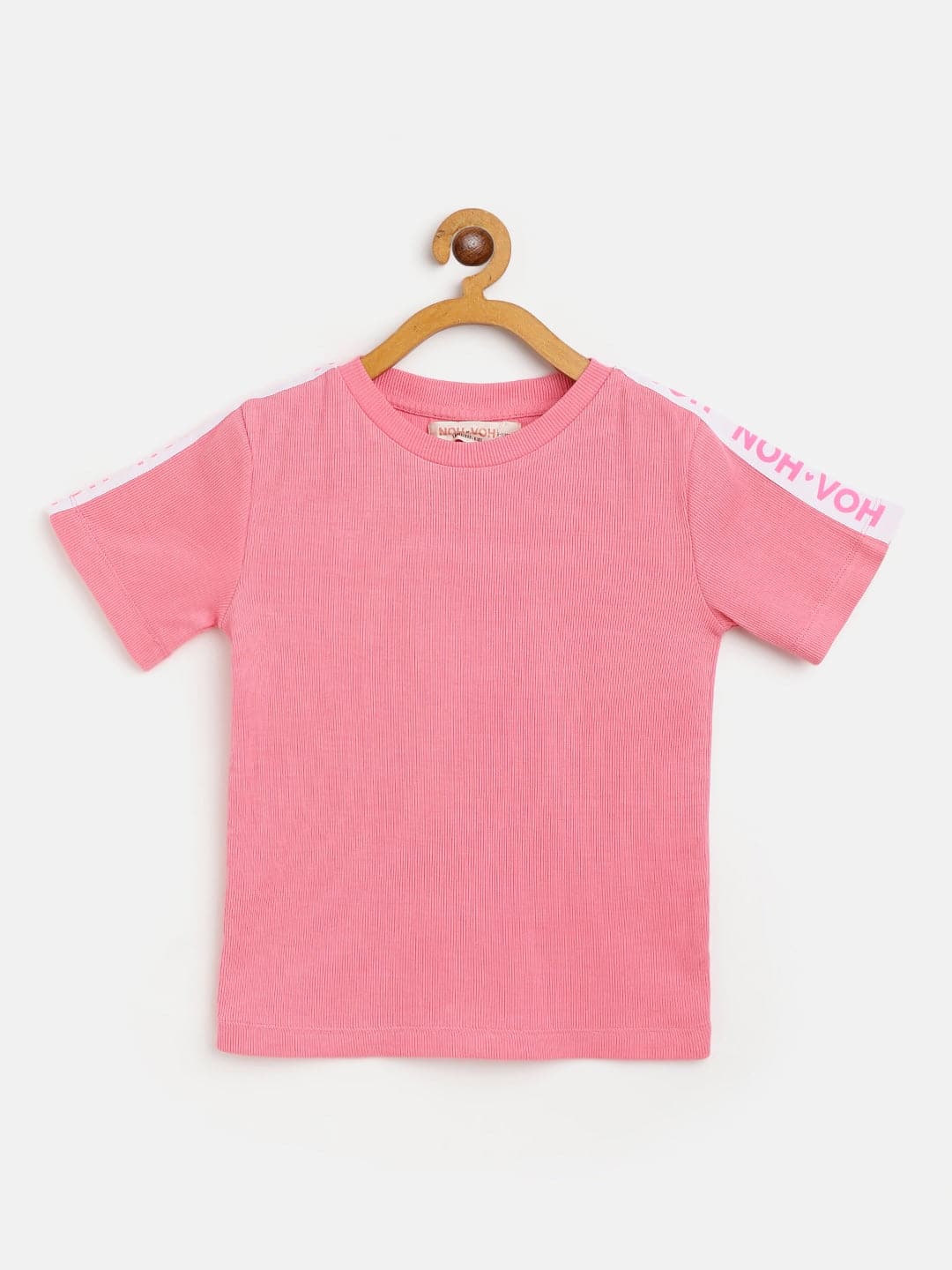 Girls Pink Rib Brand Tape Half Sleeve Top-Girls Tops-SASSAFRAS