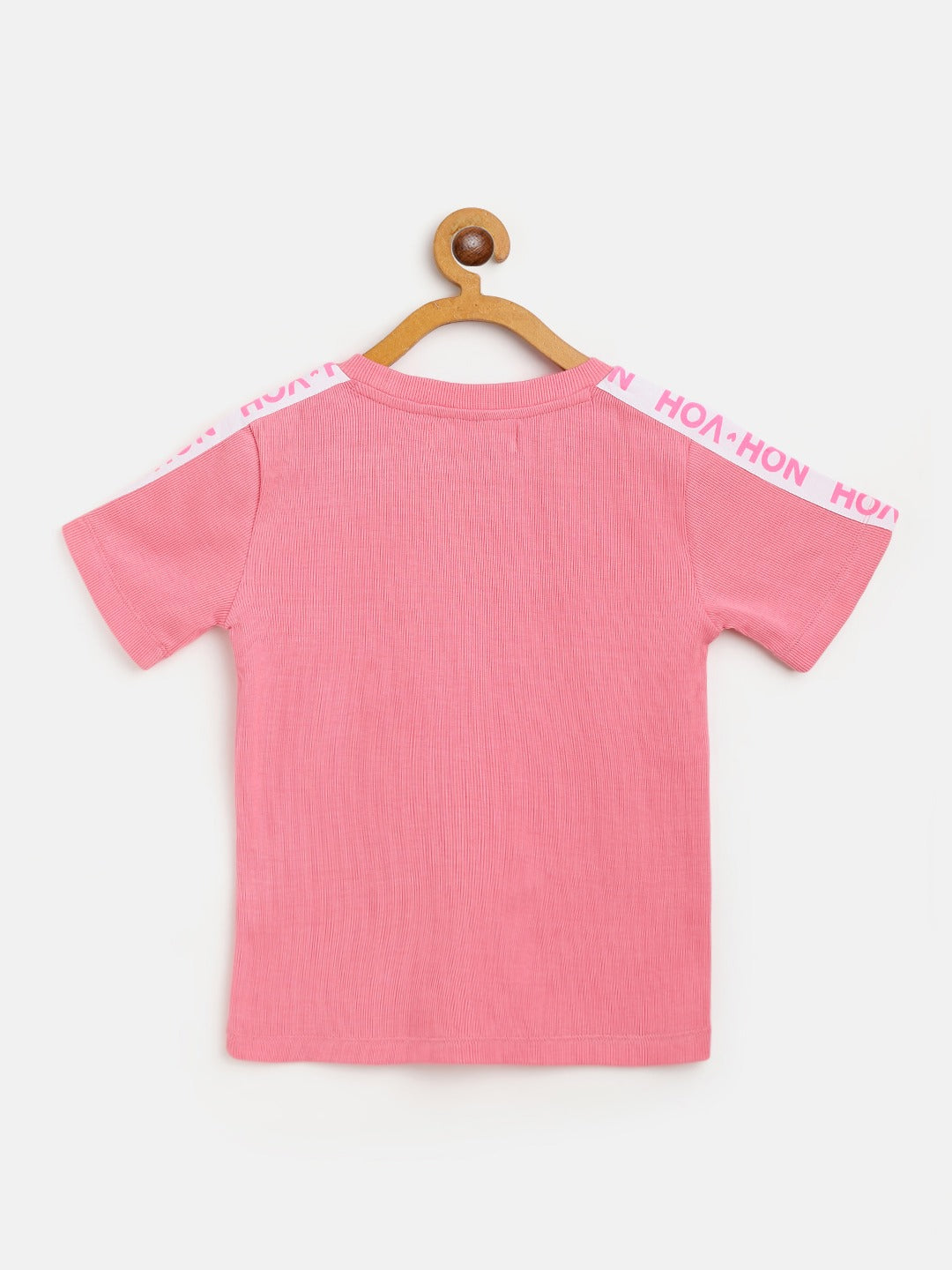 Girls Pink Rib Brand Tape Half Sleeve Top