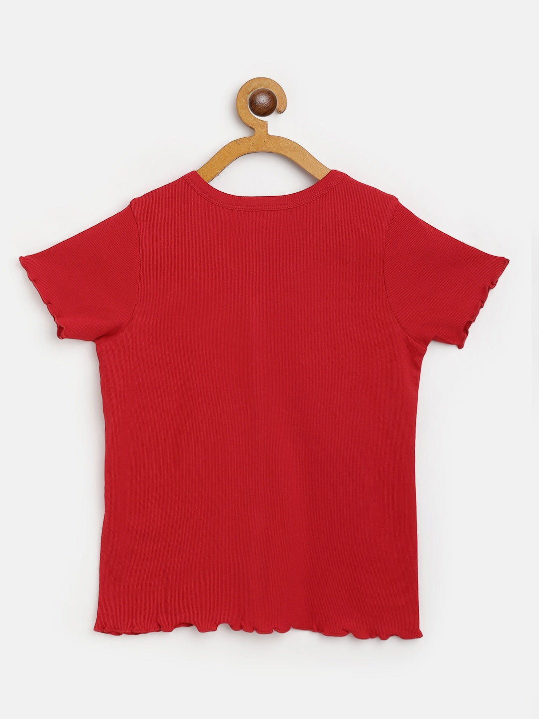 Girls Red Rib Front Button V-Neck Top