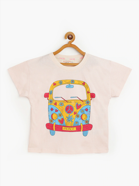 Girls Cream Bus Print Regular T-Shirt-Girls T-Shirts-SASSAFRAS