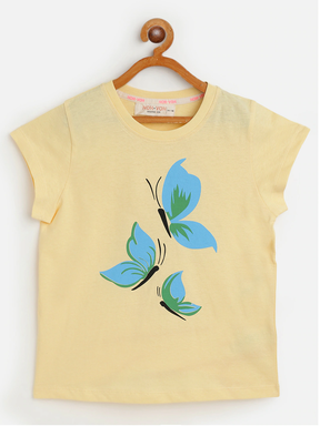 Girls Yellow Butterflies Print T-Shirt-Girls T-Shirts-SASSAFRAS