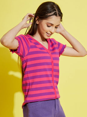 Girls Pink & Purple Stripes Front Button Rib Top
