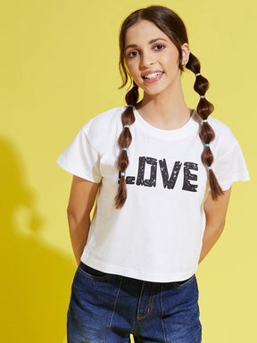 Girls White LOVE Print Crop T-Shirt-Girls T-Shirts-SASSAFRAS