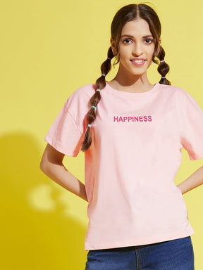 Girls Pale Pink HAPPINESS Drop Shoulder T-Shirt-Girls T-Shirts-SASSAFRAS