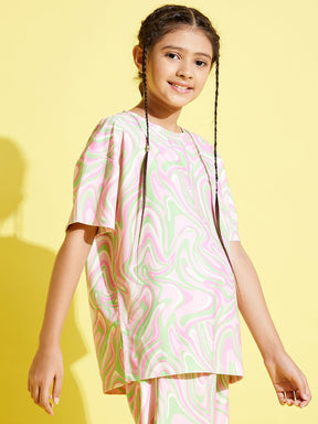 Girls Pink & Green Abstract Waves Knit Drop Shoulder Top
