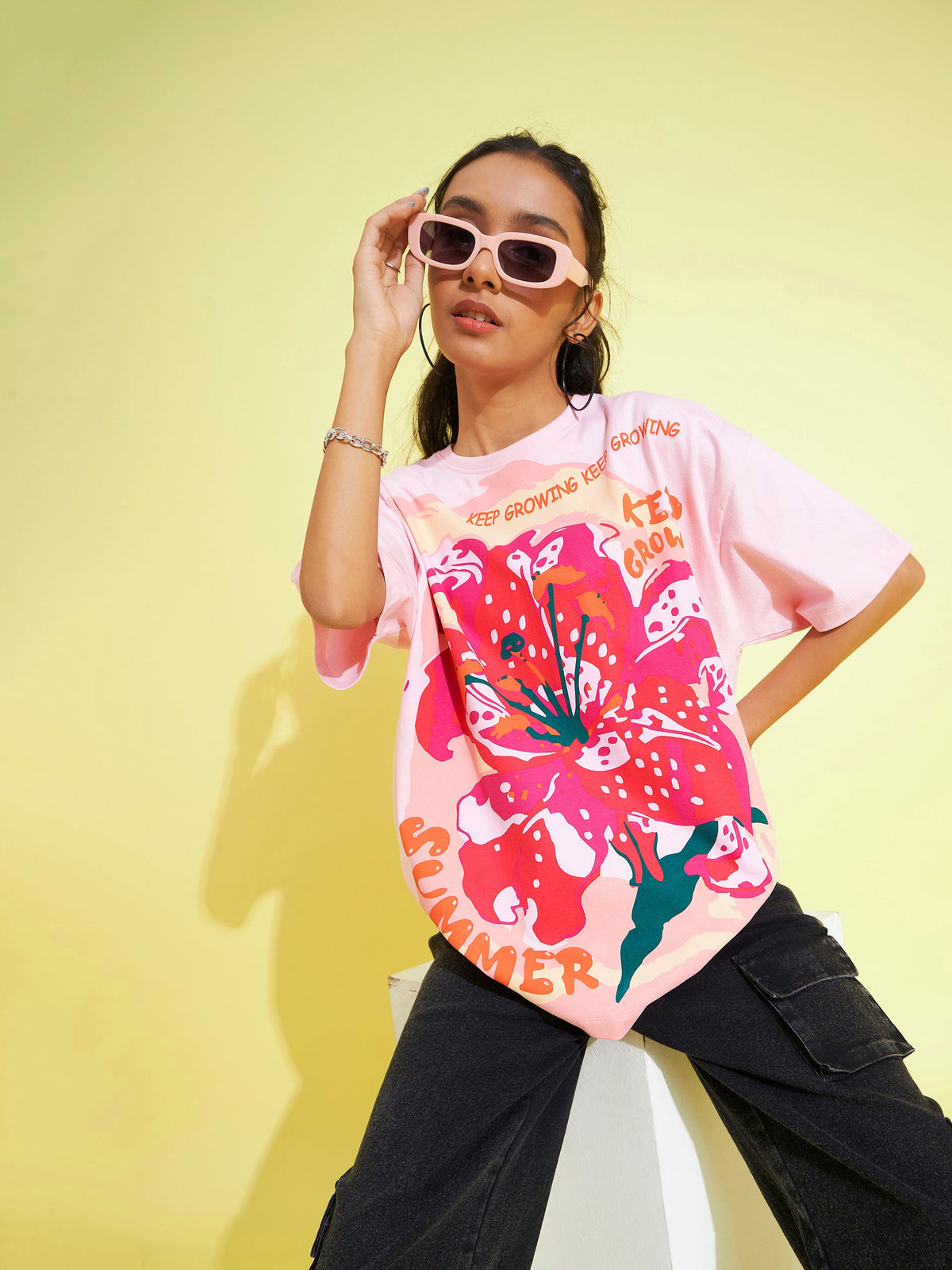 Pink Floral Print Oversized T-Shirt-Noh.Voh
