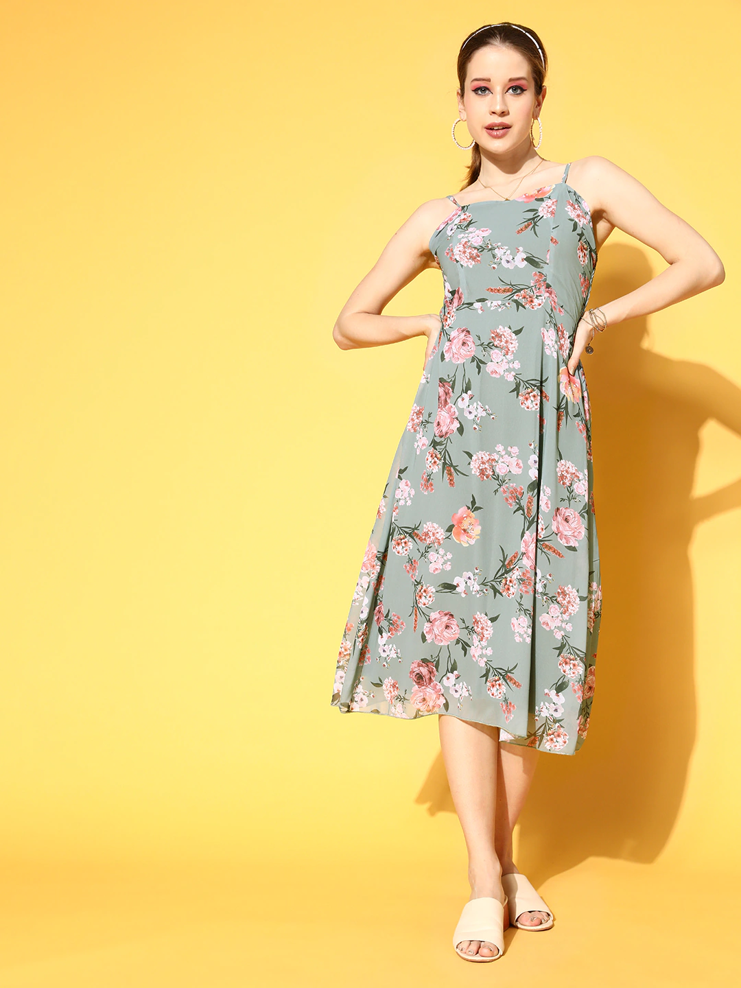 Women Olive Floral Strappy Midi Dress-Dress-SASSAFRAS