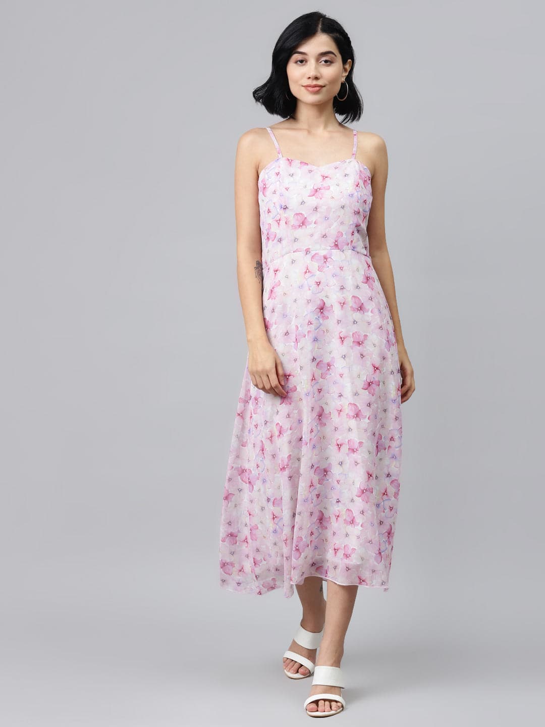 Pink Floral Strappy Midi Dress-Dress-SASSAFRAS