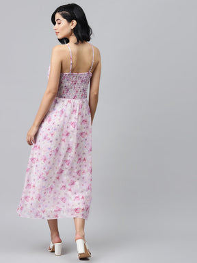 Pink Floral Strappy Midi Dress