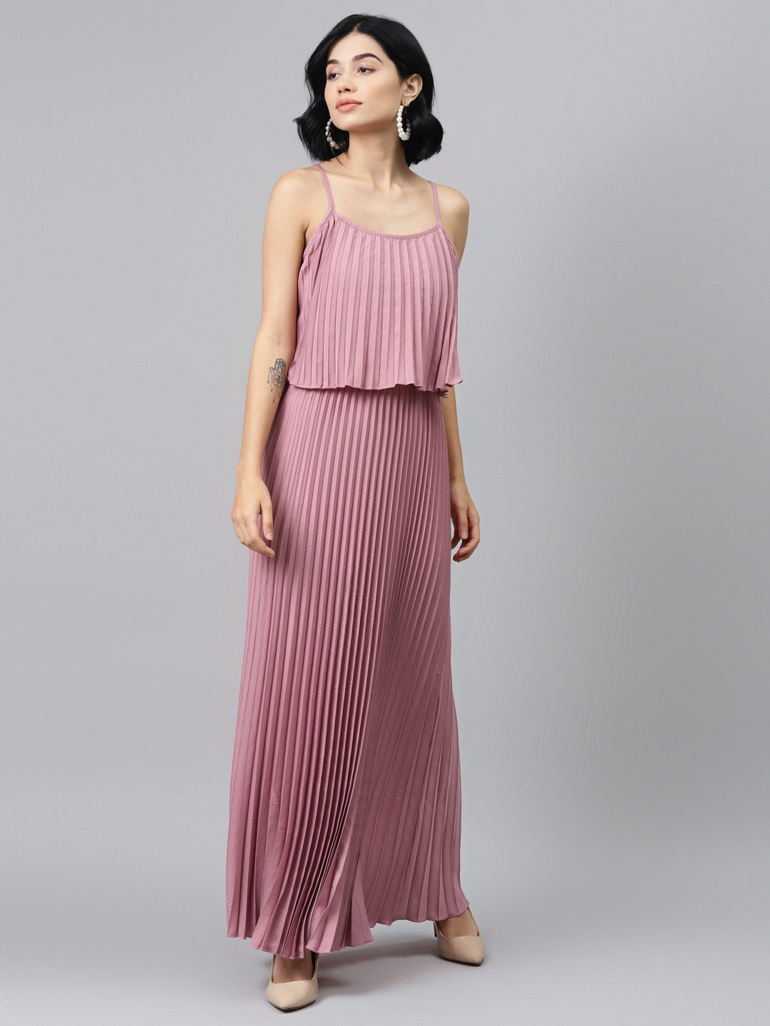 Baked Pink Strappy Pleated Maxi Dress