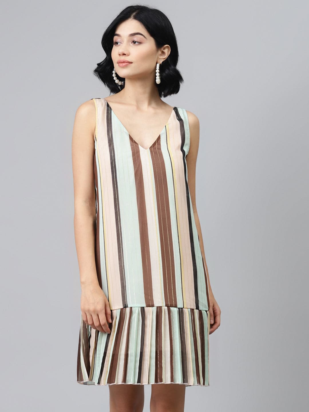 Multi Striped Lurex Pleated Dress-Dress-SASSAFRAS