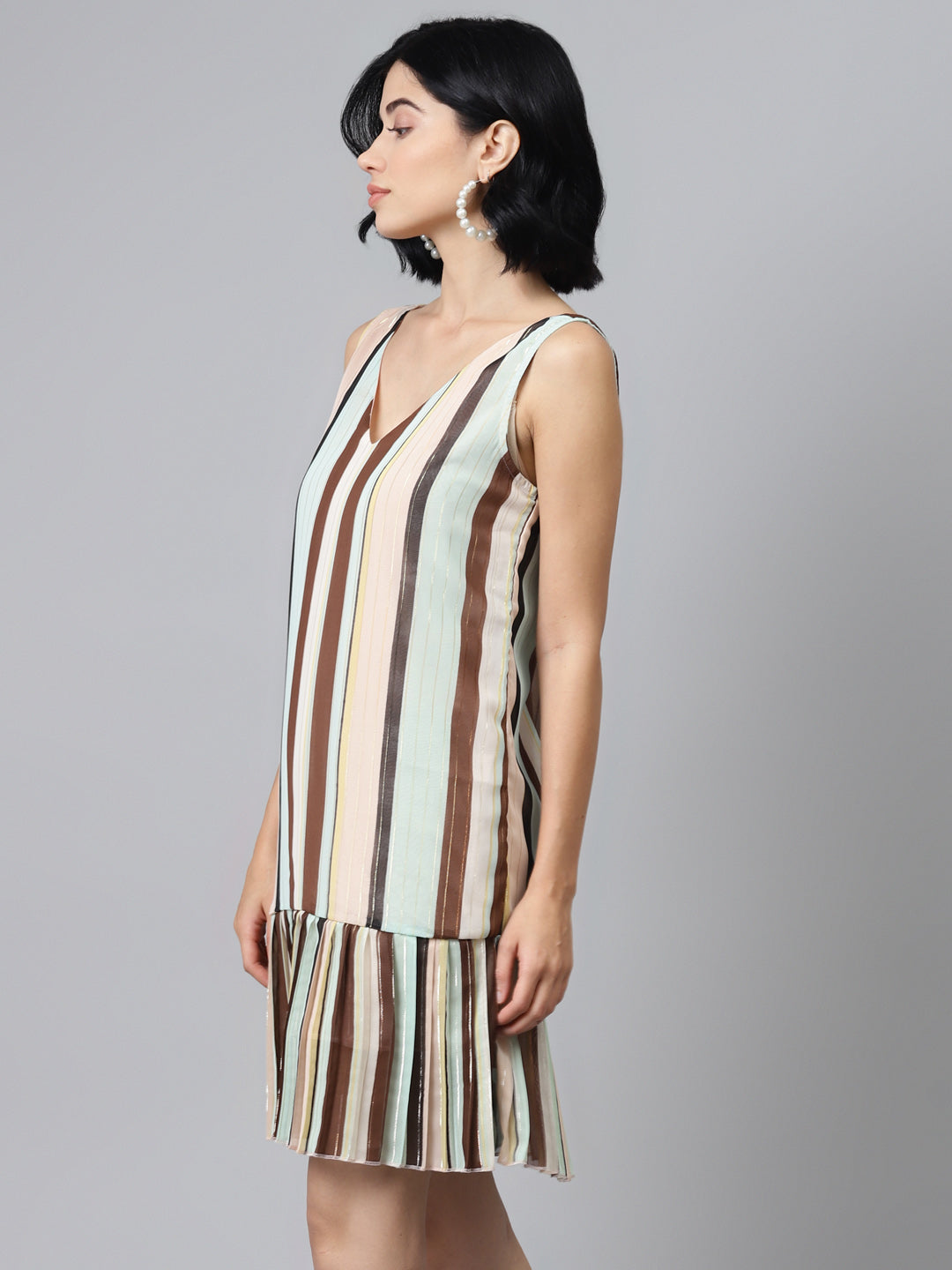 Multi Striped Lurex Pleated Dress