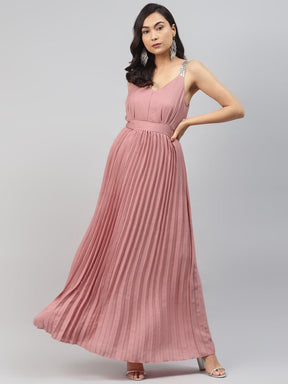 Pink Sequin Straps Pleated Maxi Dress-Dress-SASSAFRAS