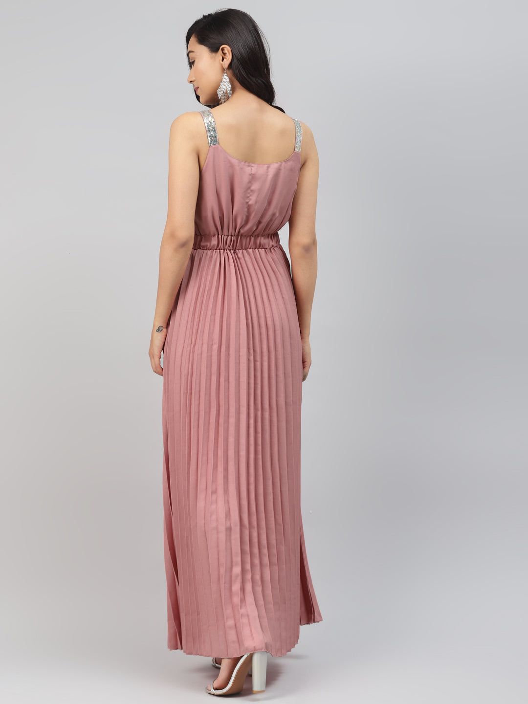 Pink Sequin Straps Pleated Maxi Dress