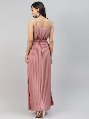 Pink Sequin Straps Pleated Maxi Dress