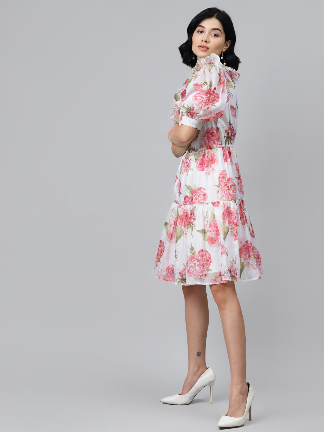 White Floral Puff Sleeve Tiered Dress