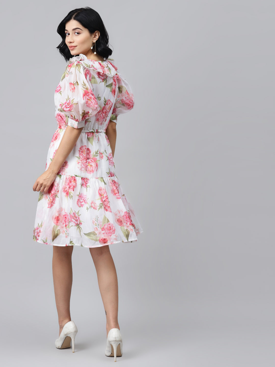 White Floral Puff Sleeve Tiered Dress