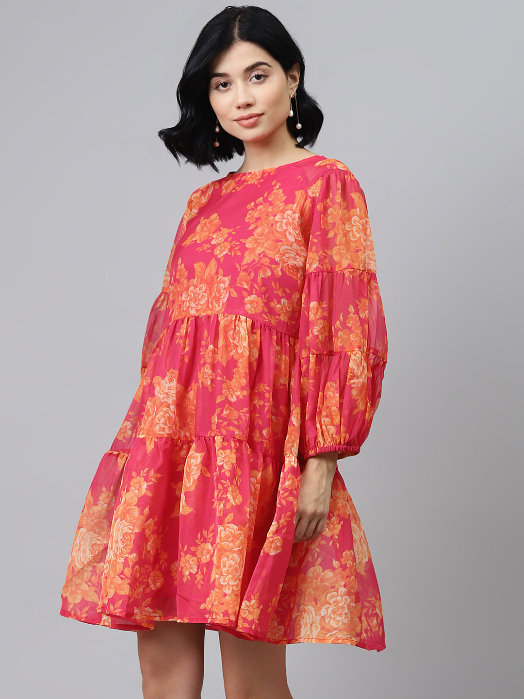 Fuchsia Floral Drop Shoulder Tiered Dress
