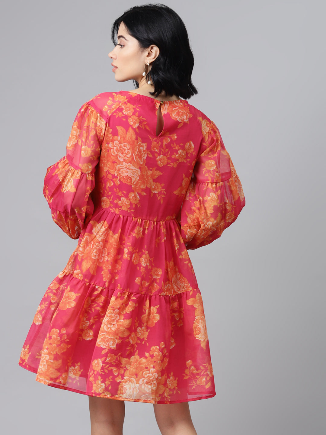 Fuchsia Floral Drop Shoulder Tiered Dress