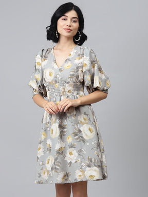 Grey Floral Puff Sleeve Smocked Dress-Dress-SASSAFRAS