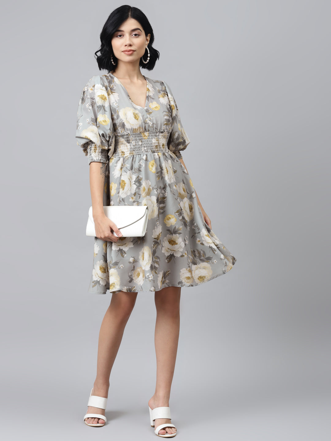 Grey Floral Puff Sleeve Smocked Dress